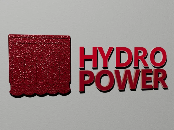 墙壁上的Hydro Power图标和文字 大坝和能源的3D插图 — 图库照片