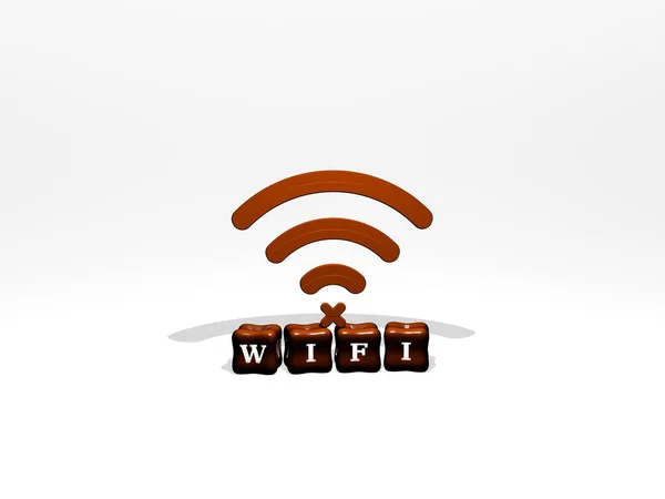 立方字母文本上的Wifi 3D图标对象 用于Internet和连接的3D插图 — 图库照片