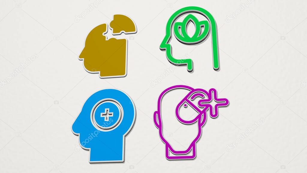 MENTAL HEALTH colorful set of icons - 3D illustration