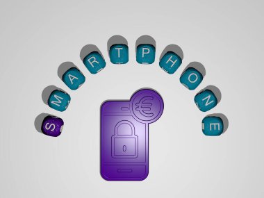 akıllı telefon simgesi bireysel harflerin metinleriyle çevrili - arkaplan ve iş için 3B illüstrasyon