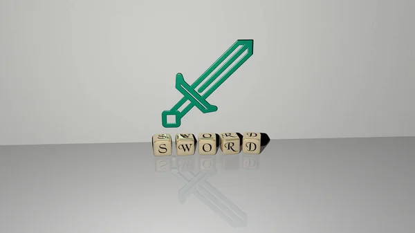 Sword Texto Letras Dados Cúbicos Suelo Icono Pared Ilustración Para — Foto de Stock