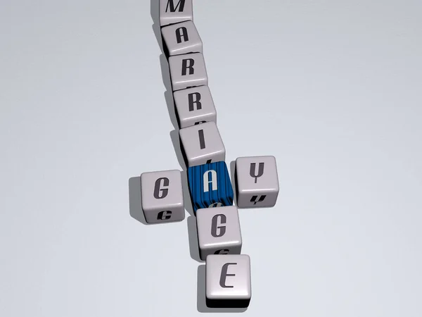 用三次骰子字母拼凑的Gay Marriage填字游戏 关于骄傲和彩虹的3D插图 — 图库照片