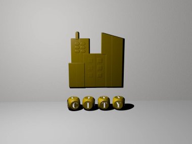 Duvardaki şehir 3D simgesi ve zemindeki kübik alfabelerin metni - mimari ve bina için 3D illüstrasyon