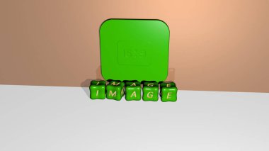 Duvarında simge olan IMAGE 'nin 3 boyutlu temsili ve kavram ve slayt gösterisi sunumu için ayna zemininde metalik kübik harflerle düzenlenmiş metin