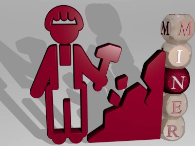 Bireysel harflerin dikey metninin yanında 3D miner simgesi - çizgi film ve karakter için 3B illüstrasyon