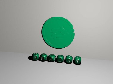 Duvardaki REPEAT 3D simgesi ve yerdeki kübik alfabelerin metni - desen için 3D illüstrasyon ve pürüzsüz