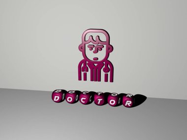 Duvardaki doktor 3D simgesi ve yerdeki kübik alfabelerin metni - bakım ve klinik için 3D illüstrasyon