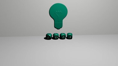 Duvarda IDEA 3D simgesi ve yerdeki kübik alfabelerin metni - kavram ve arkaplan için 3D illüstrasyon
