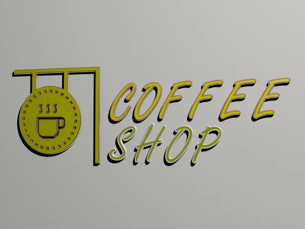 咖啡店图标和墙上文字 背景和杯子的3D插图 — 图库照片