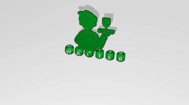 WAITER 3D simgesi üzerinde küp harfler - karikatür ve karakter için 3D illüstrasyon