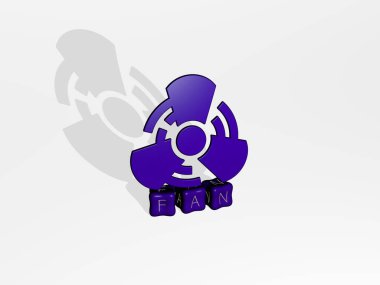 Kübik harflerin metninde FAN 3D simgesi - arkaplan ve futbol için 3D illüstrasyon