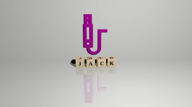 Zeminde küp zar harflerinin JACK metni ve duvarda 3D simgesi - arkaplan ve cadılar bayramı için 3D illüstrasyon