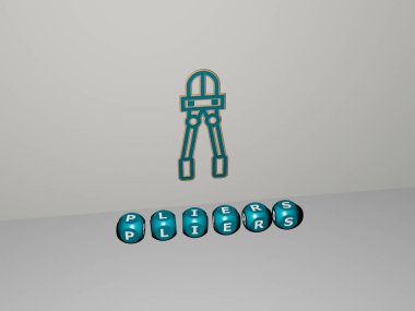 PLIERS 'in 3B grafiksel görüntüsü, üst perspektiften metalik kübik harflerle oluşturulan metinlerle birlikte, konsept sunumu ve arkaplan ve illüstrasyon için slayt gösterileri için mükemmel