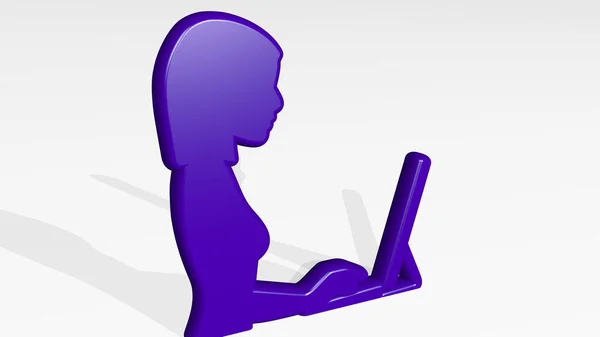 Vrouw Werken Met Computer Icoon Werpen Schaduw Illustratie Voor Mooie — Stockfoto