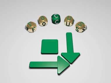 3B simgesi etrafındaki farklı harflerin FOCUS dairesel metni - arkaplan ve seçici resim için 3B