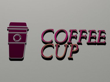 Kahve fincanı simgesi ve duvardaki yazı - arka plan ve kafe için 3D illüstrasyon