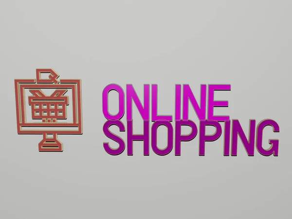 Online Shopping Εικονίδιο Και Κείμενο Στον Τοίχο Εικονογράφηση Για Τις — Φωτογραφία Αρχείου