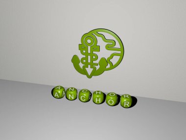 Duvardaki 3 boyutlu simge ve yerdeki kübik alfabelerin metni - arkaplan ve tekne için 3 boyutlu illüstrasyon