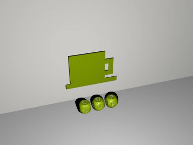 Duvarda 3D kupa simgesi ve yerdeki kübik alfabelerin metni - kahve ve arkaplan için 3D illüstrasyon