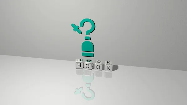 hook text of cubic dice letters on the floor and 3D icon on the wall - 3D illustration for background and fishing