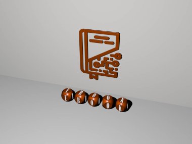 Duvarda EBOOK 3D simgesi ve yerdeki kübik alfabelerin metni - dijital ve eğitim için 3D illüstrasyon
