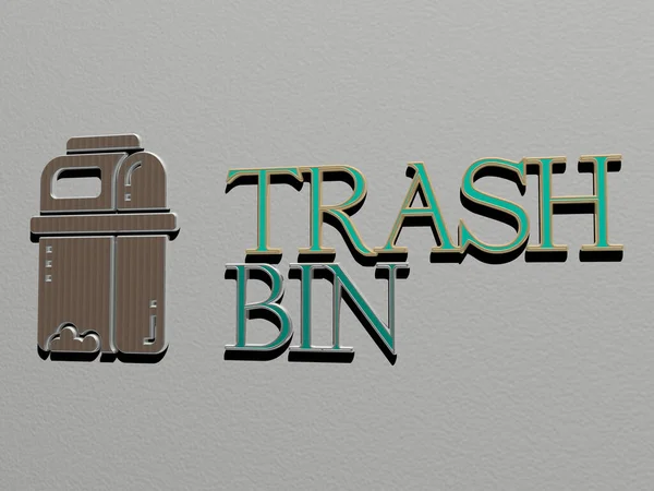 trash bin icon and text on the wall - 3D illustration for garbage and background