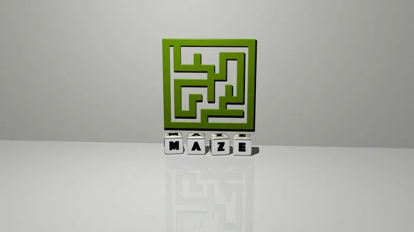 Maze Κείμενο Των Κυβικών Γραμμάτων Ζάρια Στο Πάτωμα Και Εικονίδιο — Φωτογραφία Αρχείου