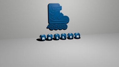 Duvarda paten 3D simgesi ve yerdeki kübik alfabelerin metni - arkaplan ve boya için 3D illüstrasyon