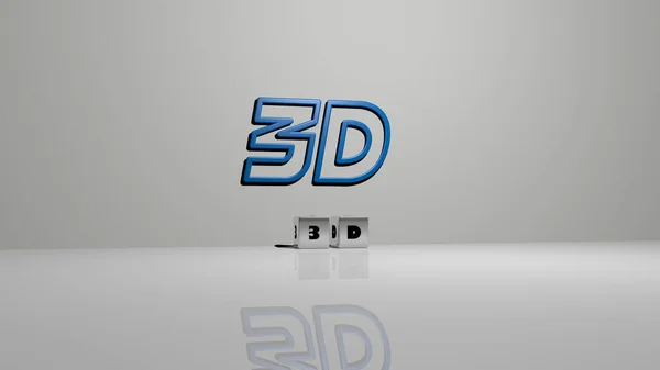 床に立方体ダイス文字の3Dテキストと壁に3Dアイコン 背景とレンダリングのための3Dイラスト — ストック写真