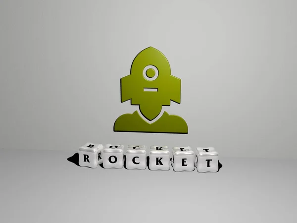 Ícone Rocket Parede Letras Cúbicas Chão Ilustração Para Espaço Fundo — Fotografia de Stock