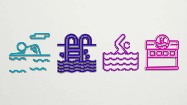 Плавання Іконки Набір Ілюстрація Басейну Синього — стокове фото
