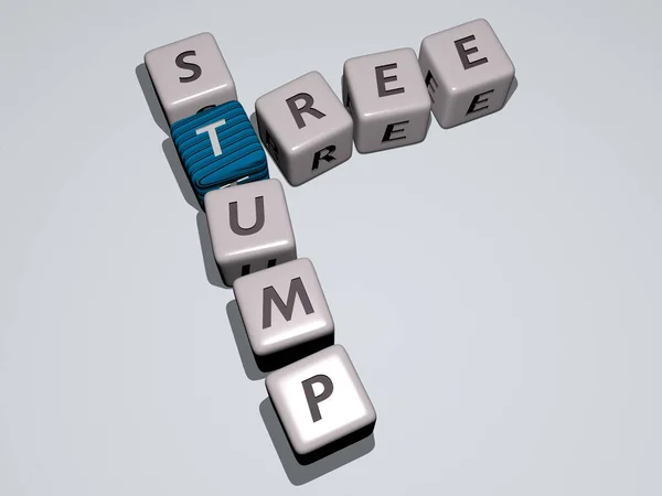 用三次骰子字母表示的Tree Stump填字游戏 背景和圣诞节的3D插图 — 图库照片