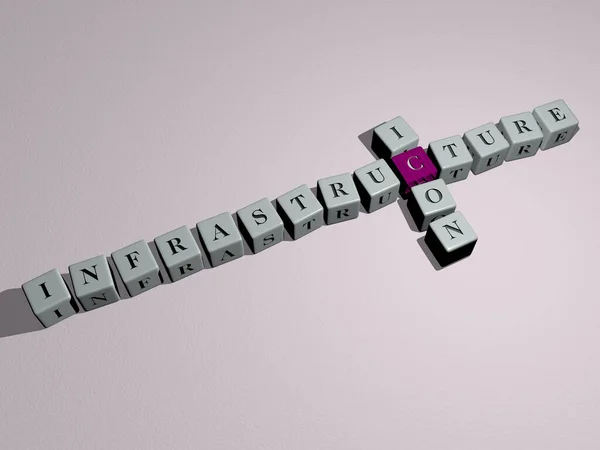 INFRASTRUCTURE ICON crossword by cubic dice letters - 3D illustration for city and architecture