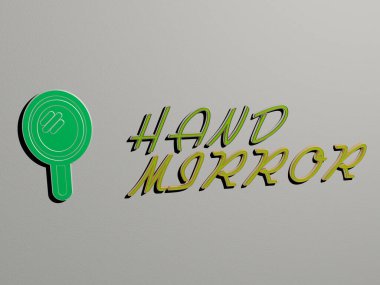 HAND MIRROR grafiklerinin 3B çizimi ve metalik zar harfleri ile arkaplan ve çizim için konsept ve sunumların ilgili anlamları için yapılan metin