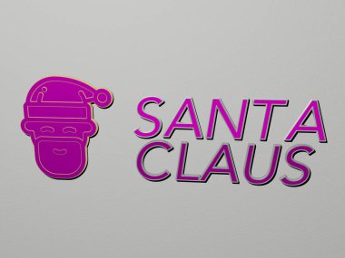 Noel Baba CLAUS simgesi ve duvardaki yazı, Noel ve arkaplan için 3D illüstrasyon