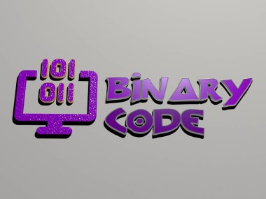 Duvardaki ikili kod simgesi ve metin, arkaplan ve soyut için 3D resimleme