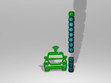 3 boyutlu simgenin yanında elektrikli araba metni, arkaplan ve tasarım için 3 boyutlu illüstrasyon