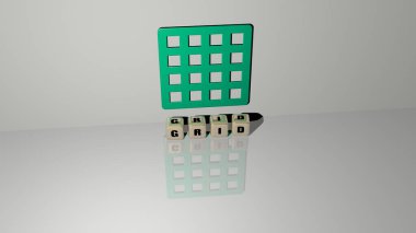 Zemindeki küp zar harflerinin GRID metni ve duvardaki 3D simgesi, arkaplan ve soyut resim için 3D illüstrasyon
