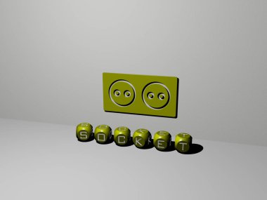 Duvardaki soket 3D simgesi ve yerdeki küp alfabelerin metni, arkaplan ve elektrik için 3D illüstrasyon