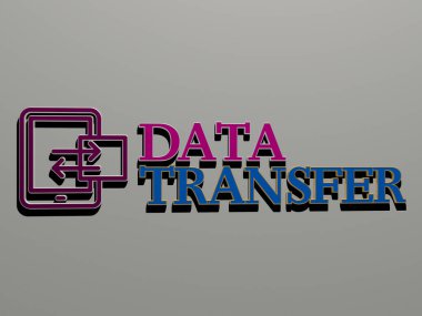 Konseptin ilgili anlamları ve iş ve arkaplan sunumları için metalik zar harfleri tarafından yapılan veri aktarım grafikleri ve metinlerinin 3B çizimi