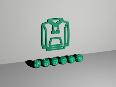 HOODIE 'in 3 boyutlu tasviri, duvarda simge ve ayna zemininde metalik kübik harfler tarafından konsept anlamında ve arkaplan ve siyah için slayt gösterisi sunumu için düzenlenmiş metni