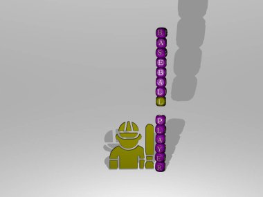 3 boyutlu simgenin yanında beyzbolcu metni, arka plan ve spor için 3 boyutlu illüstrasyon