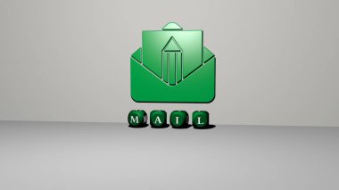 Duvardaki MAIL 3D simgesi ve yerdeki kübik alfabelerin metni, mektup ve zarf için 3D illüstrasyon