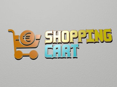 Resim ve arkaplan tanıtımı için ayna zemininde metalik kübik harflerle düzenlenmiş ve resimleme ve slayt gösterisi sunumuna sahip ShoPPING CART 'ın 3 boyutlu temsili