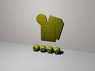 Duvardaki 3B simgesi ve yerdeki kübik alfabelerin metni, arkaplan ve iş dünyası için 3D illüstrasyon