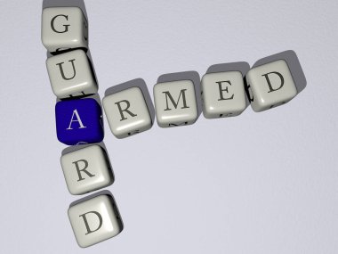 Ordu ve ordu için 3D illüstrasyon, küp küp zar harfleriyle zırhlı muhafız bulmacası