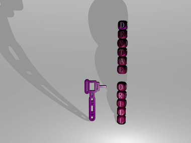3B simgesinin yanında diş matkabı metni, dişçi ve bakım için 3B illüstrasyon