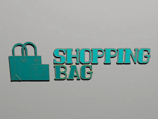 Shopping Bag Icona Testo Sul Muro Illustrazione Sfondo Business — Foto Stock