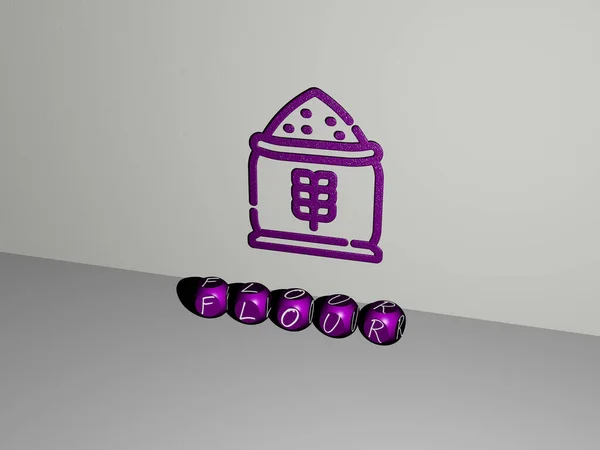 金属サイコロ状の文字で作られたFlourのグラフィックとテキストの3Dイラストは 背景と食べ物の概念とプレゼンテーションの関連する意味 — ストック写真