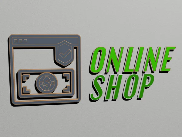 Online Shop Symbol Und Text Der Wand Illustration Für Geschäft — Stockfoto